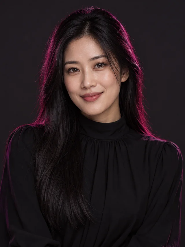 East Asian AI girlfriend with black straight hair, slim body