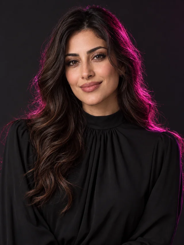 Middle Eastern AI girlfriend with dark brown wavy hair, curvy body