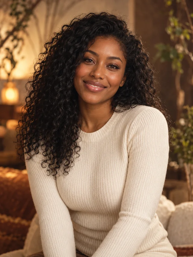 Black AI girlfriend with black curly hair, athletic body
